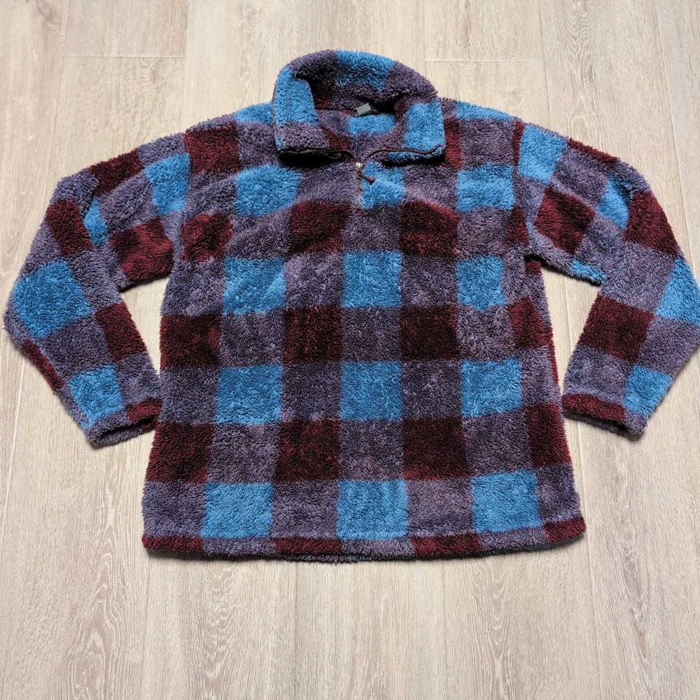 Eddie Bauer Teddy Sherpa 1/4 Zip Plaid Fleece Pullover Womens L Plush Blue Red